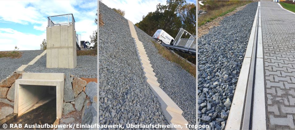 Einlaufbauwerk/Auslaufbauwerk, Überlaufschwellen, Treppen